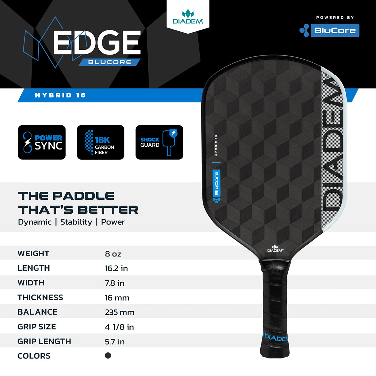 Diadem Edge Blucore Hybrid Pickleball Paddle 16mm Specs