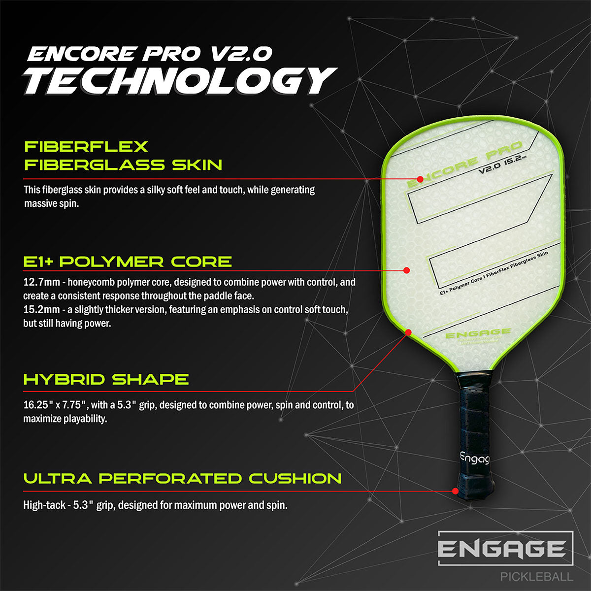 Engage Encore Pro v2.0 15.2mm Pickleball Paddle Features