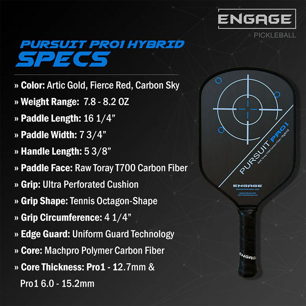 Engage Pursuit Pro1 6.0 Hybrid Pickleball Paddle Specs
