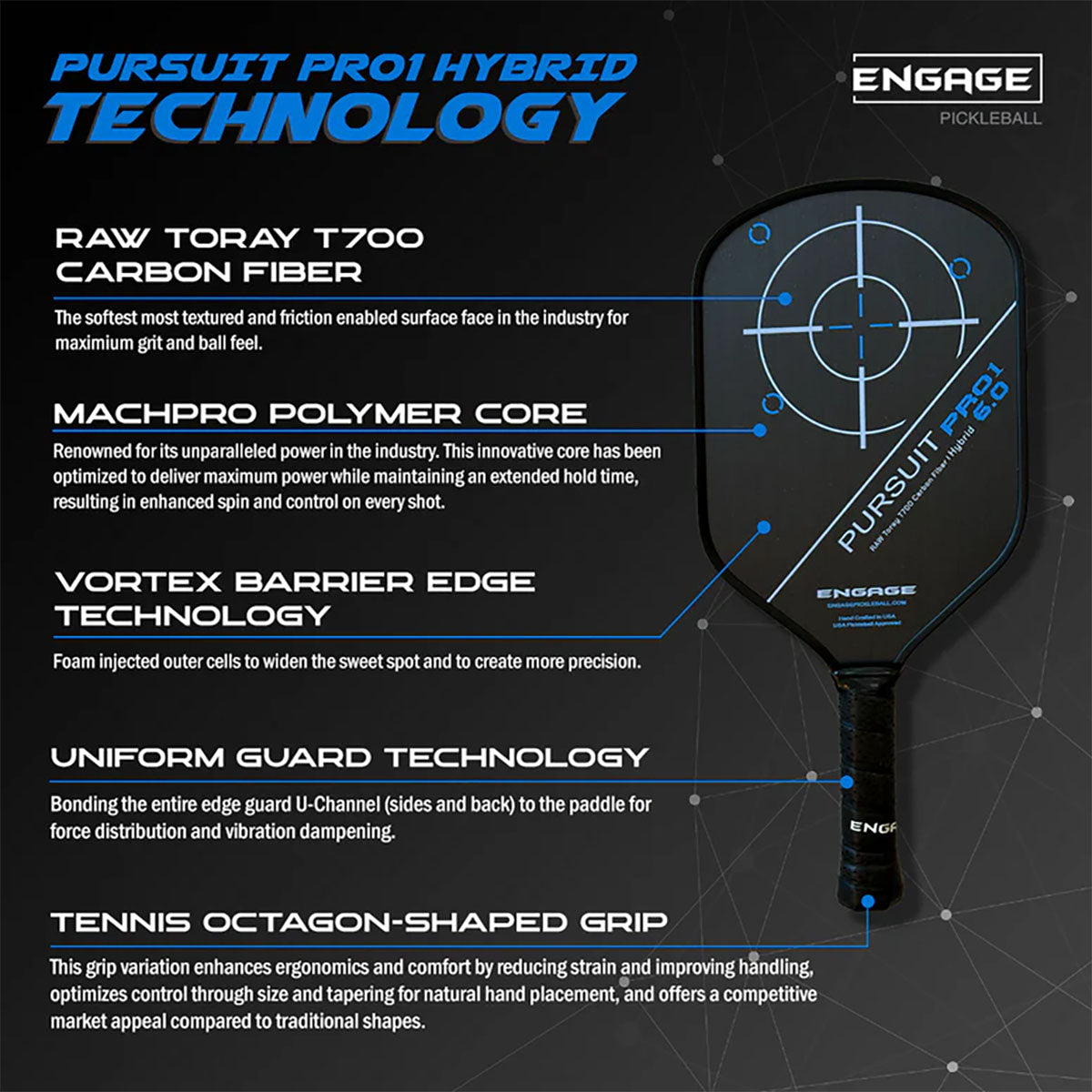 Engage Pursuit Pro1 Hybrid Pickleball Paddle Carbon Technology