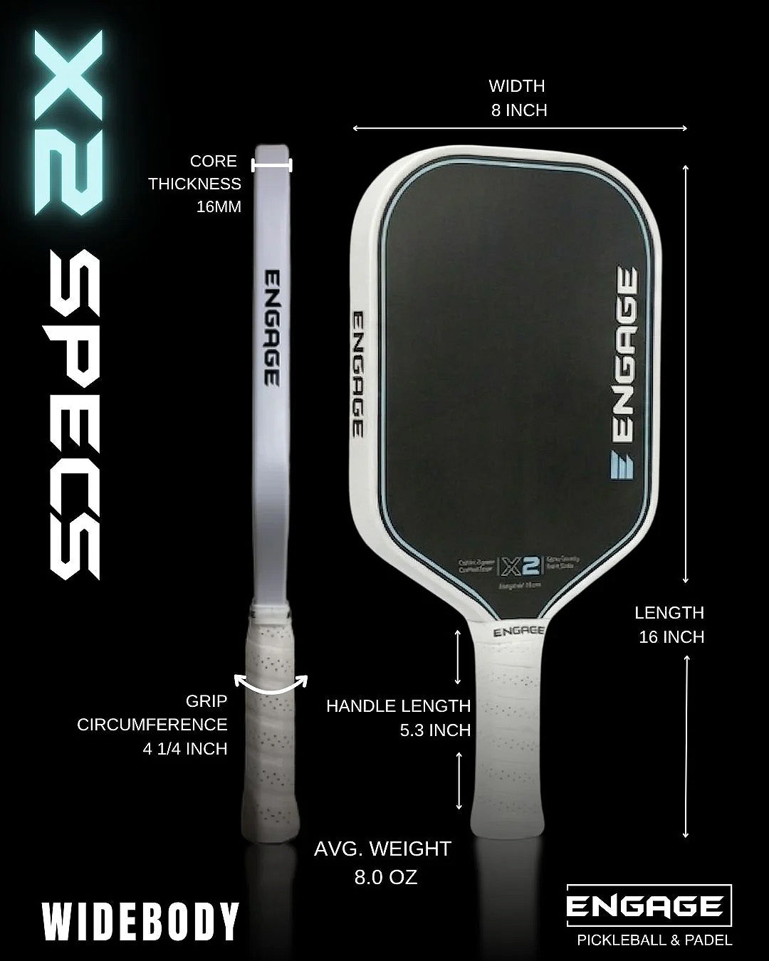 Engage X2 Widebody Pickleball Paddle Specs 2