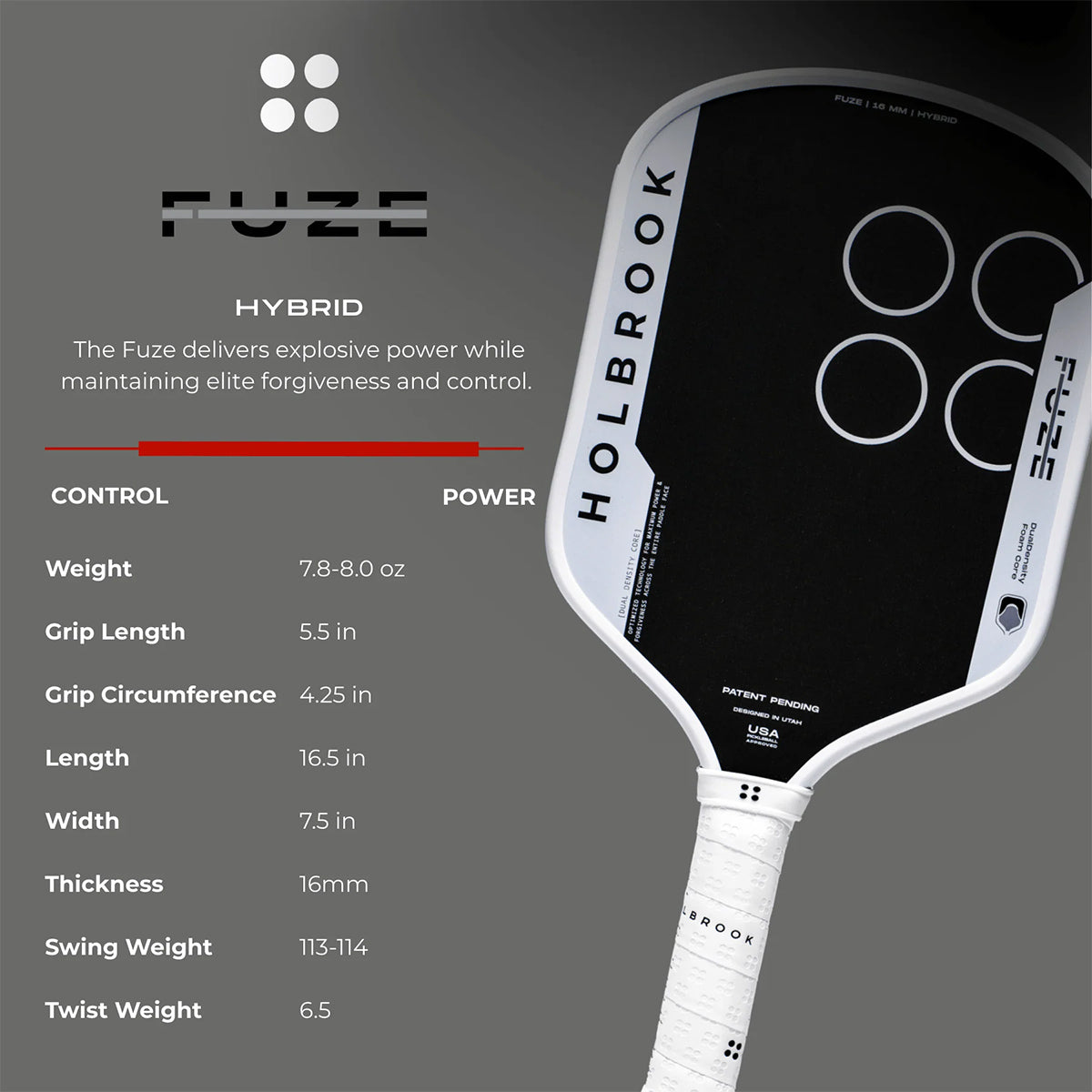 Holbrook Fuze Hybrid 16mm Pickleball Paddle Specs
