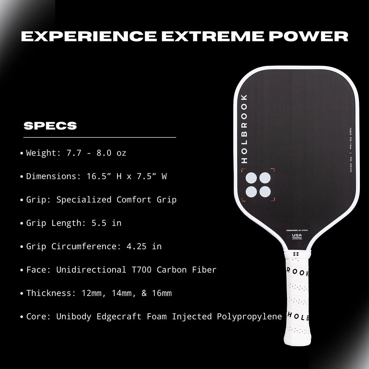 Holbrook Power Pro 16mm Pickleball Paddle Specs