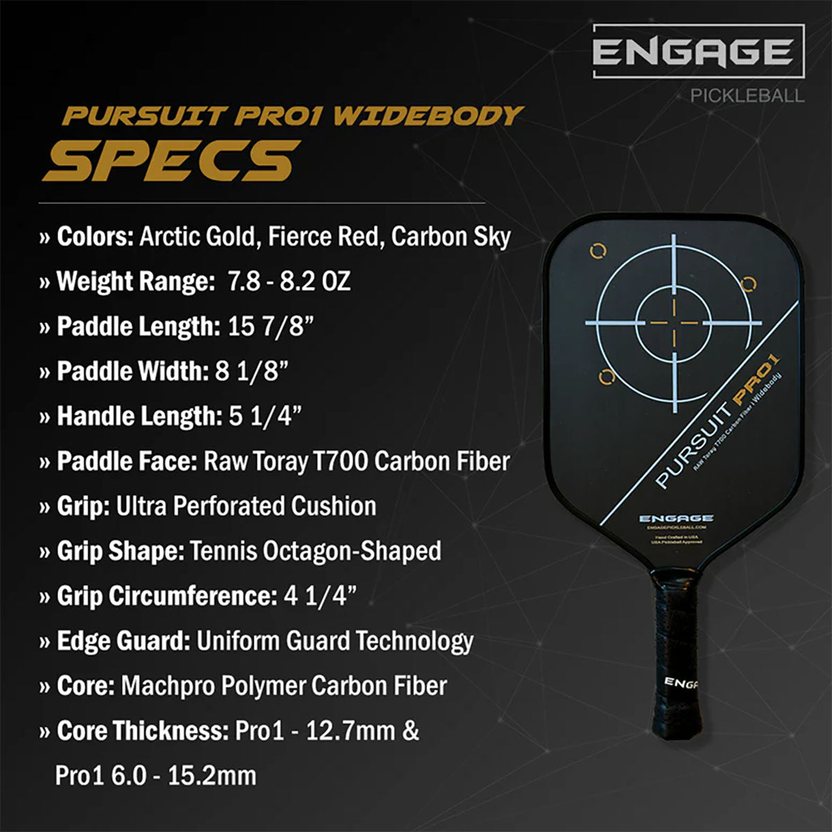 Engage Pursuit Pro1 6.0 Widebody Pickleball Paddle Specs 2