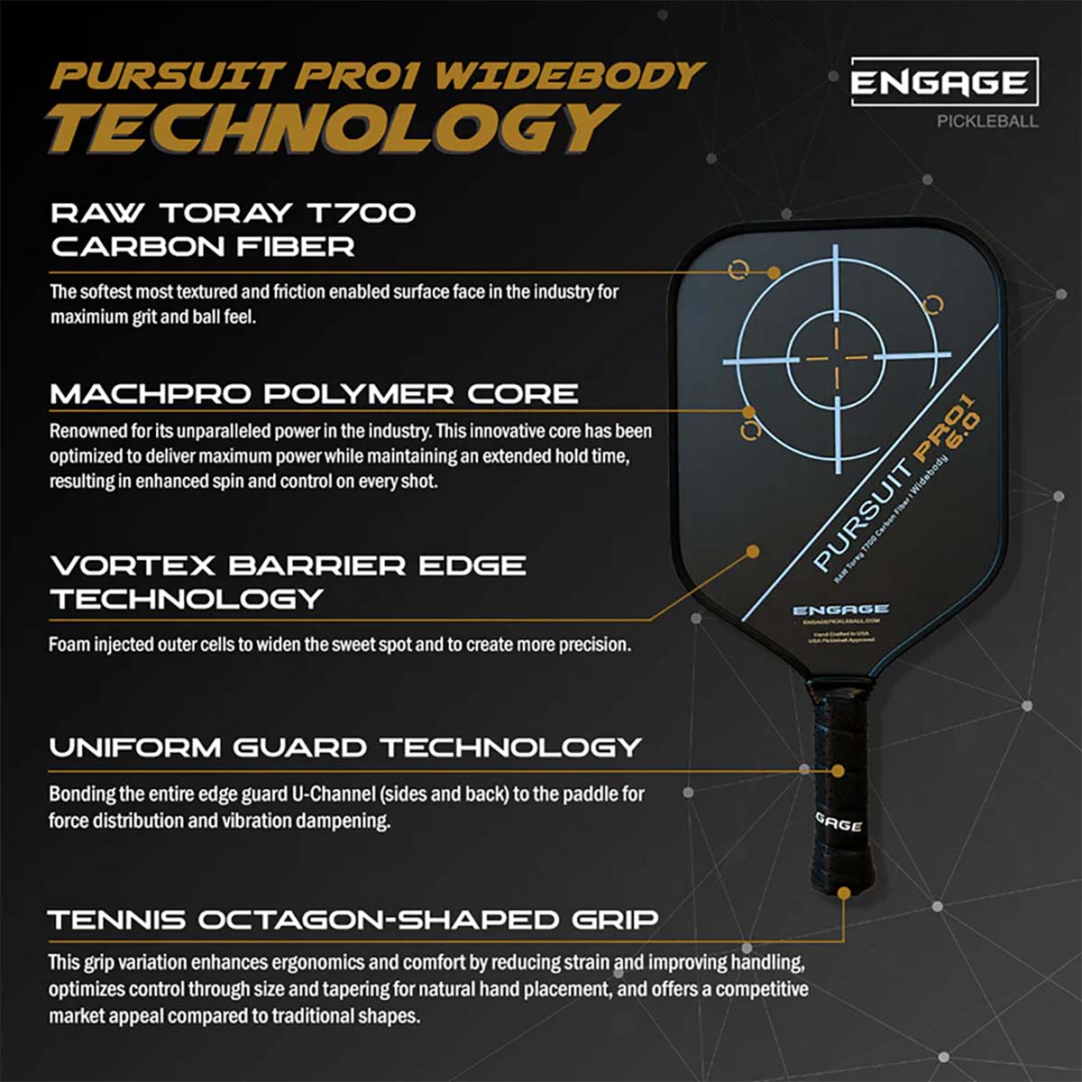 Engage Pursuit Pro1 6.0 Widebody Pickleball Paddle Specs 1