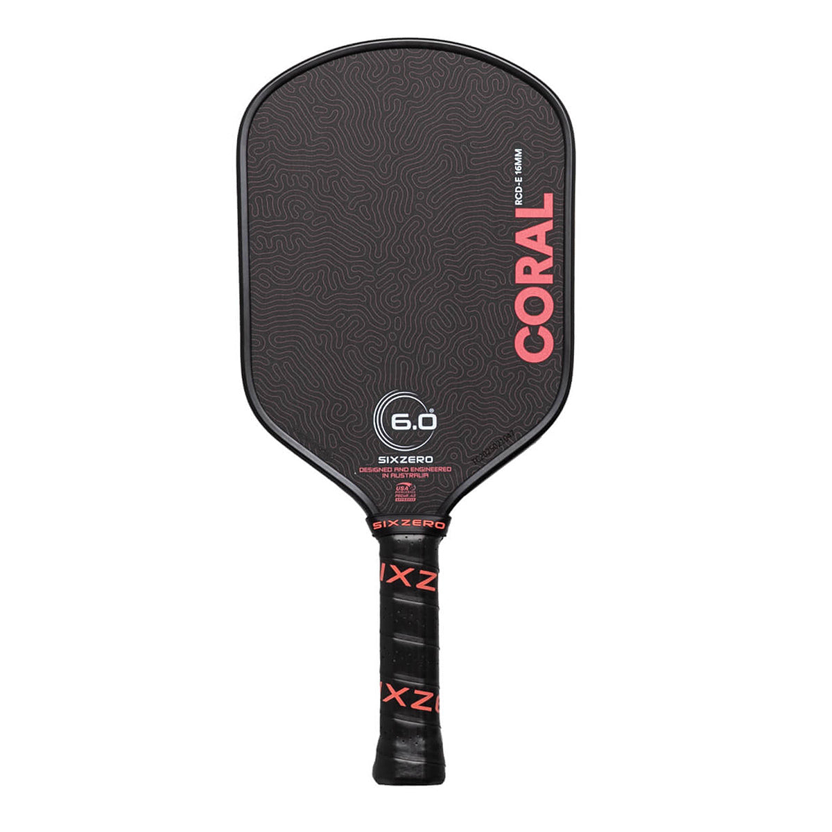 Six Zero Coral 16mm Elongated Pickleball Paddle Black Front