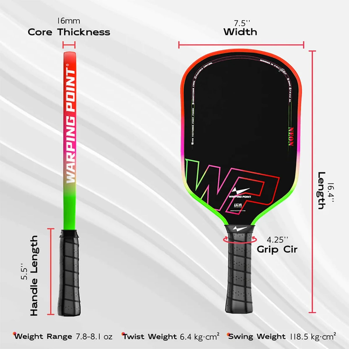 Warping Point Neon Elongated 16mm Pickleball Paddle Specs 3