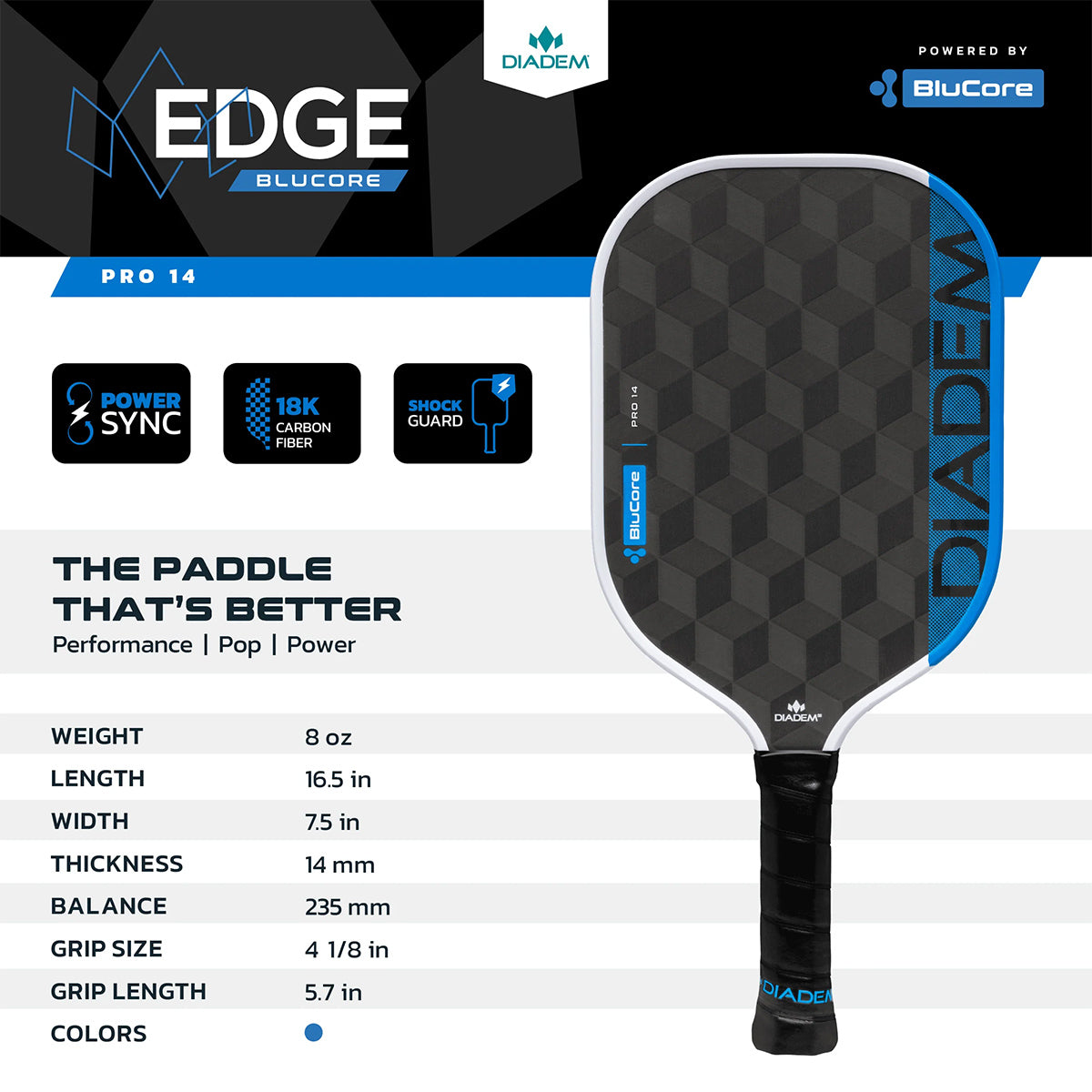 Diadem Edge Blucore Pro Pickleball Paddle Specs 14mm