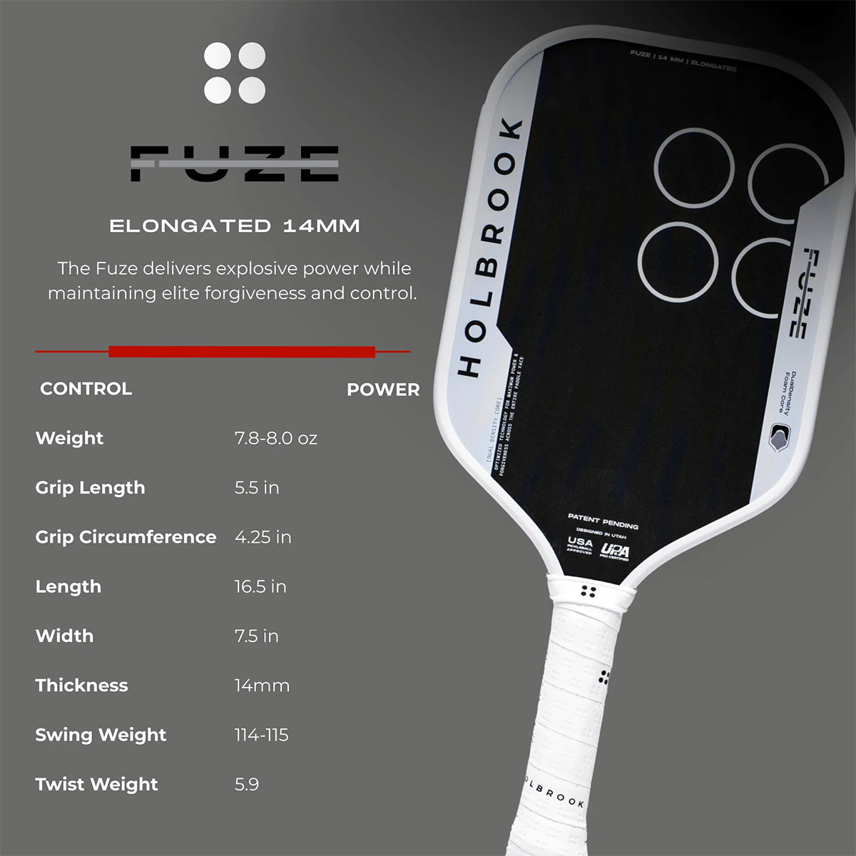 Holbrook Fuze Elongated 14mm Pickleball Paddle Specs