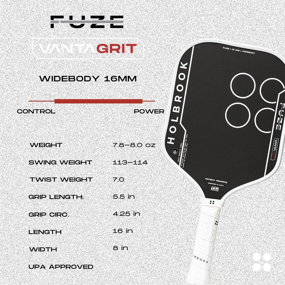 Holbrook Fuze Vantagrit Widebody 16mm Pickleball Paddle Specs