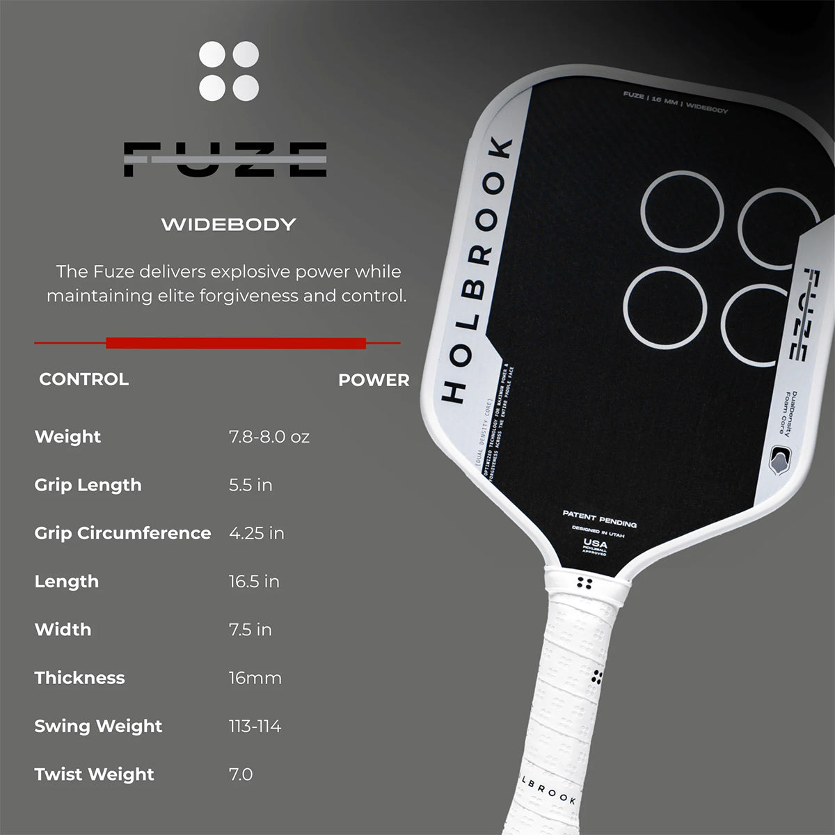 Holbrook Fuze Widebody 16mm Pickleball Paddle Specs 3