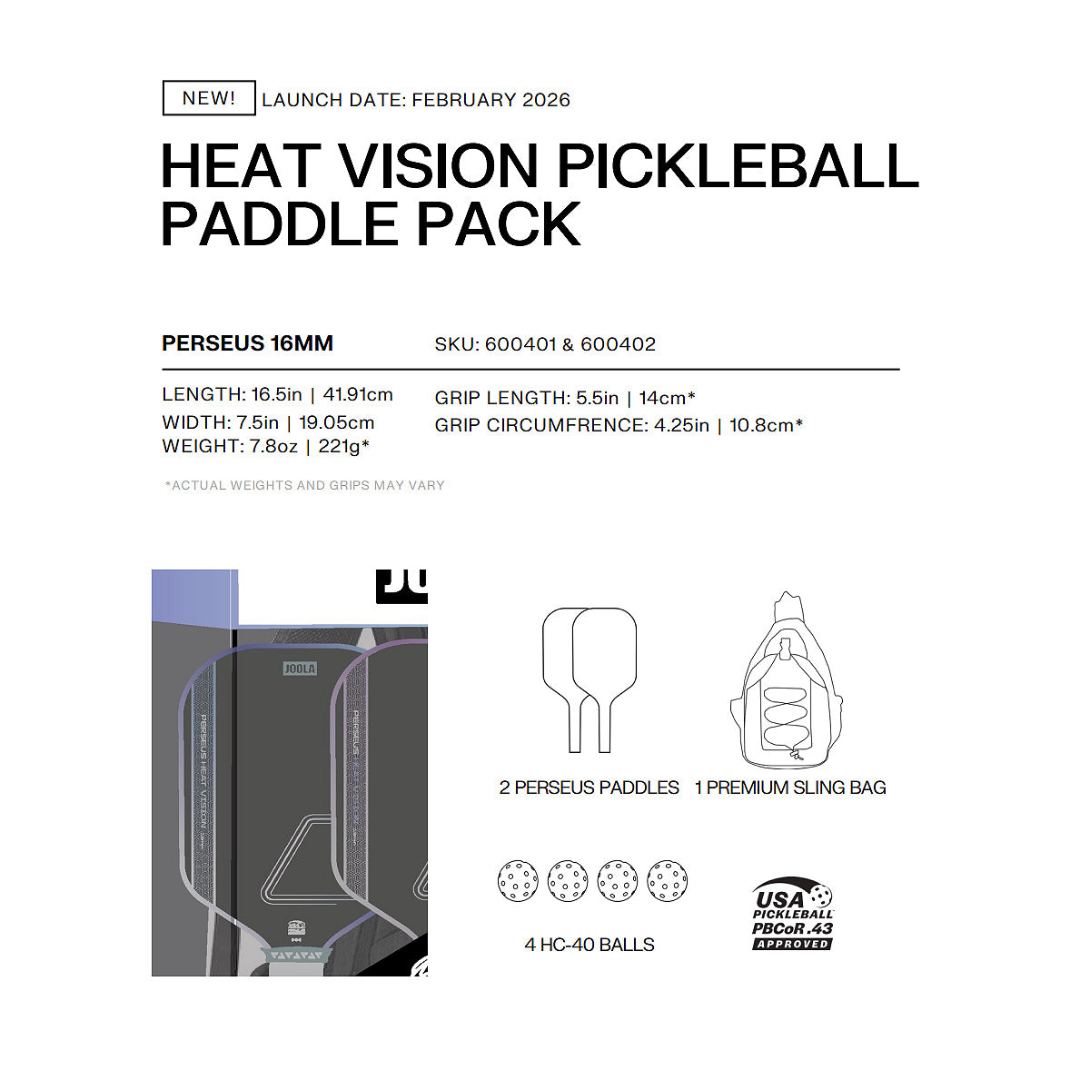 JOOLA Perseus Heat Vision Pickleball Pack Specs