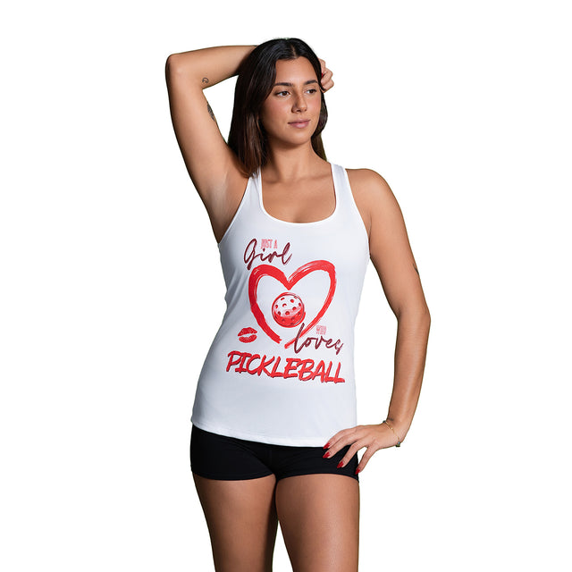 Just a Girl Who Loves Pickleball Women’s Racerback Tank White Front