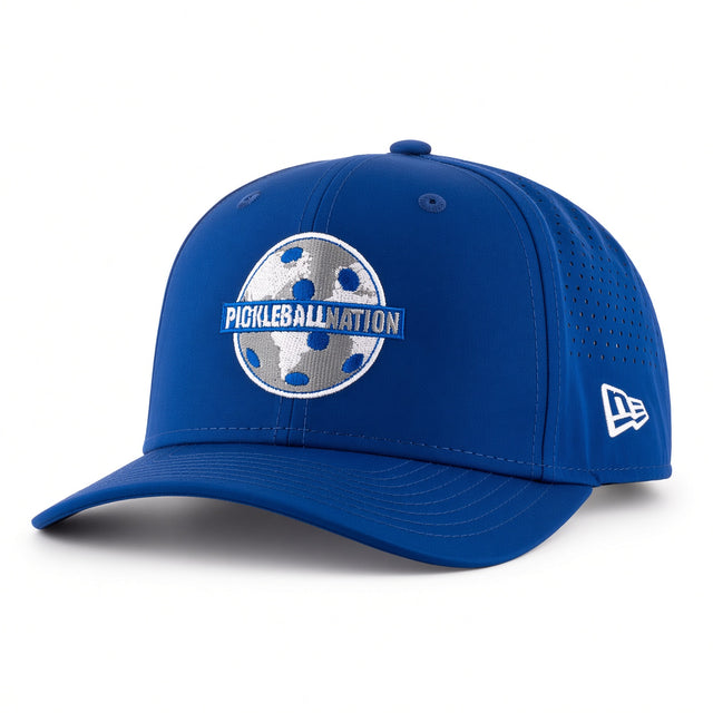 Pickleball Nation 9Seventy New Era Stretch Snap Hat - blue with grey and white logo angle view
