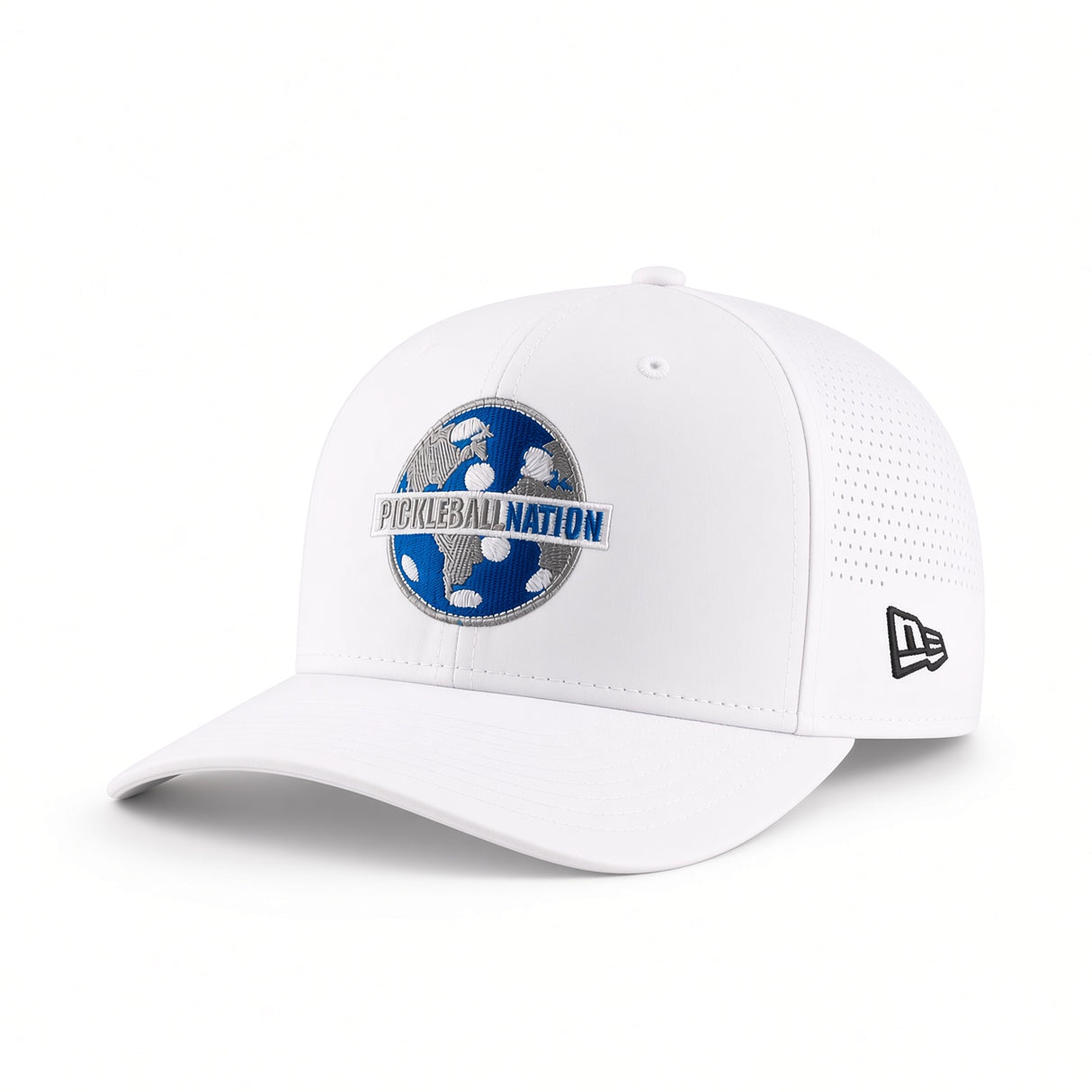 Pickleball Nation 9Seventy New Era Hat - white with silver and blue logo angle