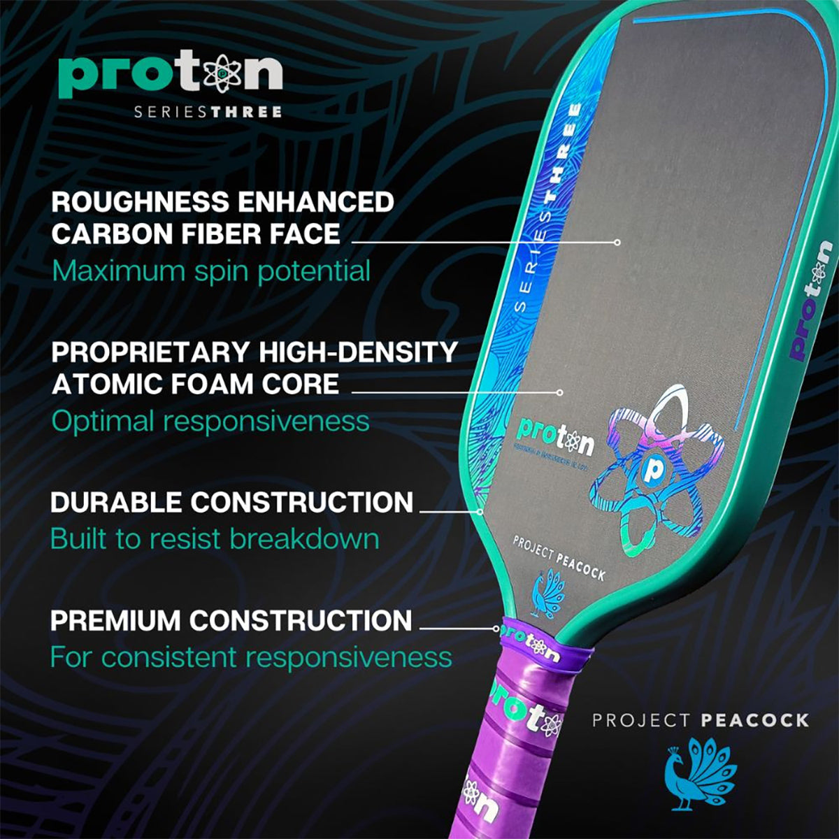 Proton Series Three Project Peacock Elongated 13mm Pickleball Paddle Specs 2