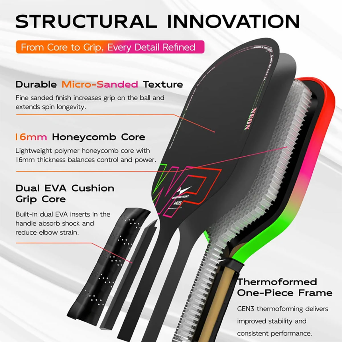 Warping Point Neon Elongated 16mm Pickleball Paddle Specs 2