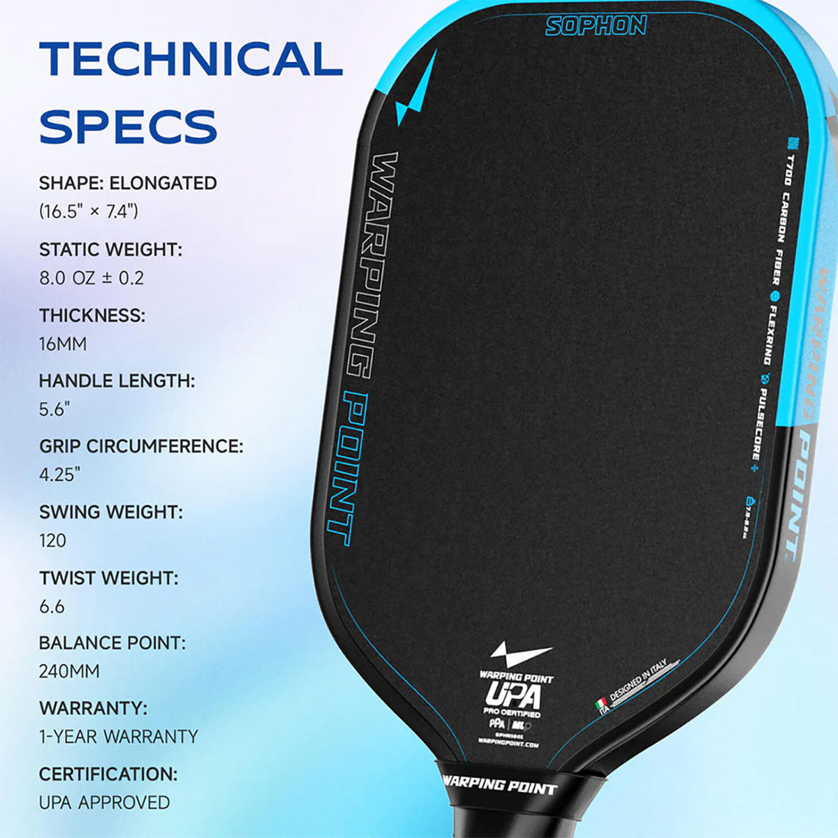 Warping Point Sophon Elongated 16mm Pickleball Paddle Specs 4